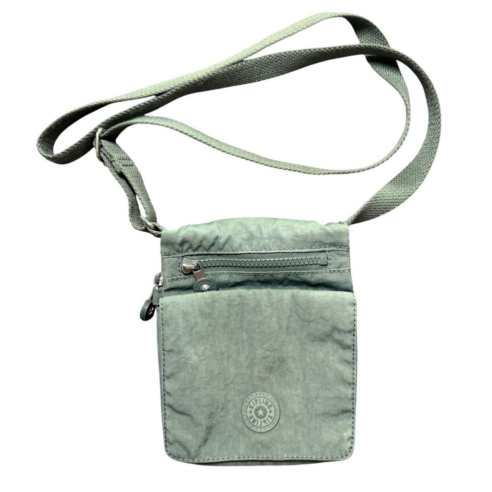 Kipling Sage Green Crinkle Nylon Small Crossbody Organizer Bag Zippered Pocket